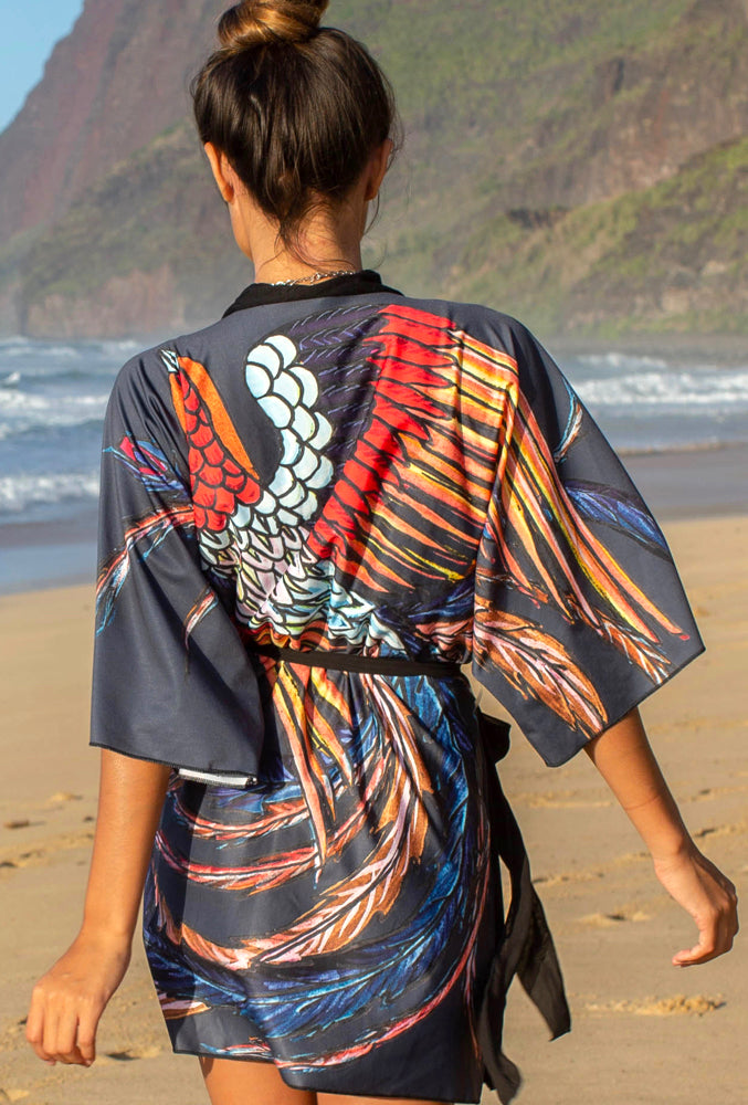 Phoenix Textile Robe Gray Kimono Robe Phoenix Bird – Silk Takuyo