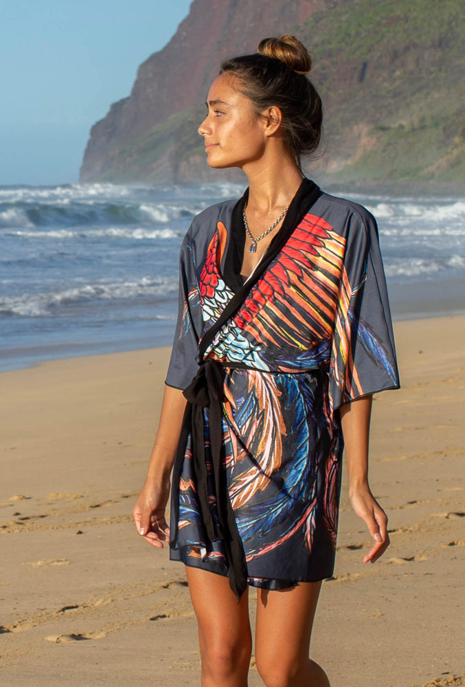 Phoenix Textile Robe Gray Kimono Robe Phoenix Bird – Silk Takuyo