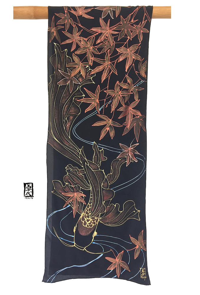 Hand Painted Silk Koi Scarf with Japanese Maple