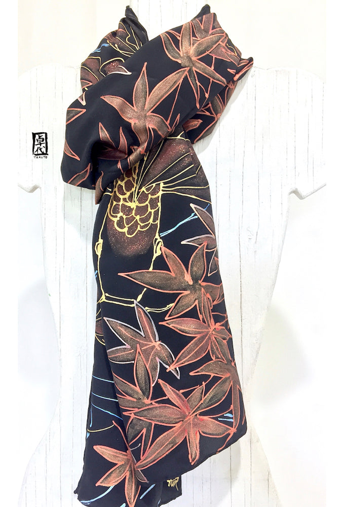 Hand Painted Silk Koi Scarf with Japanese Maple