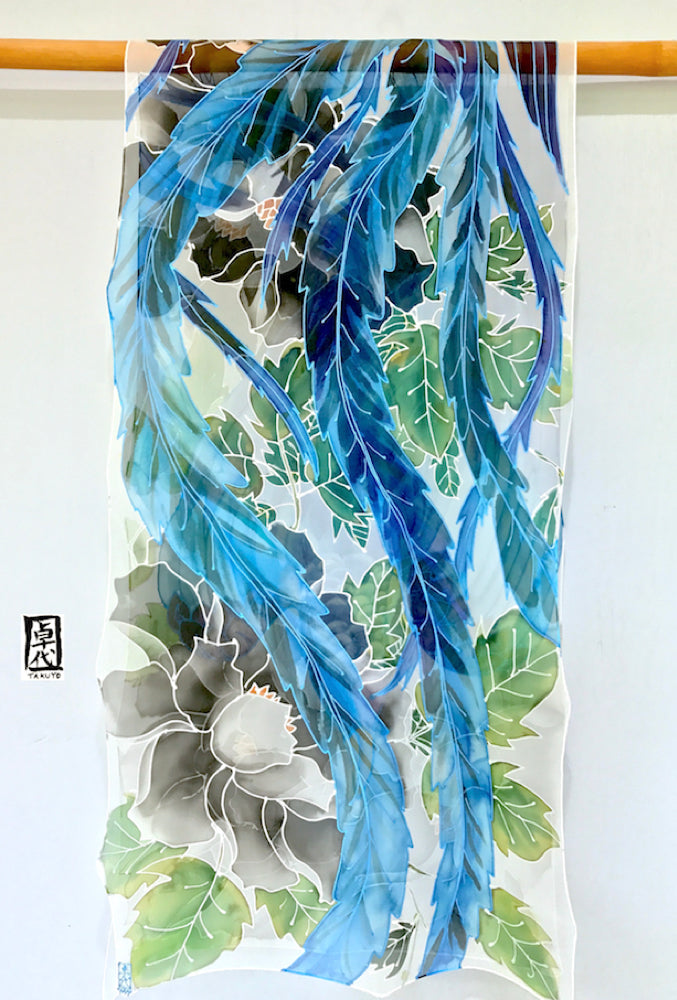 Hand Painted Silk Shawl, Blue Phoenix