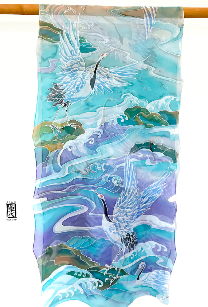 Hand Painted Silk Shawl, White Crane Birds and Blue Ocean Waves