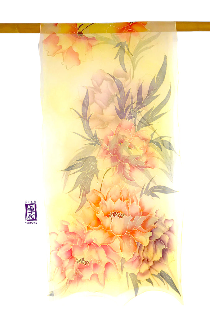 Hand Painted Silk Shawl Wrap Yellow Kimono Peony