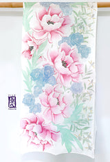 Hand Painted White Silk Shawl, Pink and Silver Peony