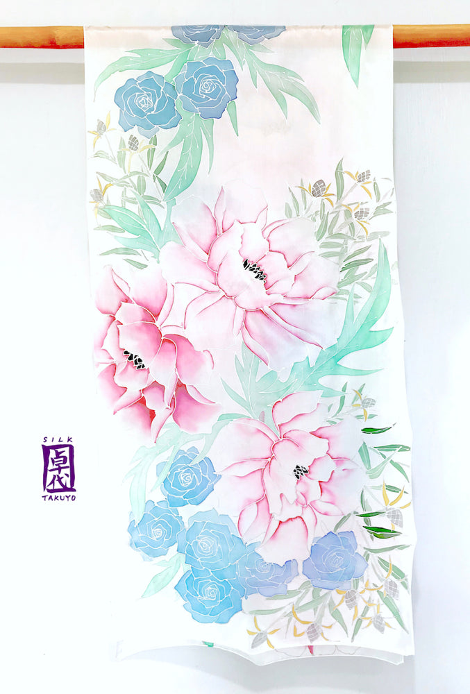 Hand Painted White Silk Shawl, Pink and Silver Peony