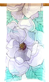 Hand Painted Silk Scarf, White Silk Scarf, White Magnolia Bella Scarf, Large Silk Chiffon Scarf, Mint green and Lavender, 22x90 inches. 55x228 cm. - Silk Scarves Takuyo