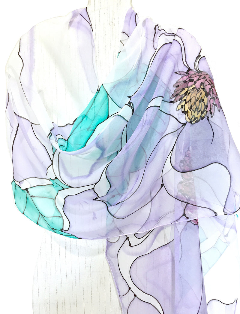 Hand Painted Silk Scarf, White Silk Scarf, White Magnolia Bella Scarf, Large Silk Chiffon Scarf, Mint green and Lavender, 22x90 inches. 55x228 cm. - Silk Scarves Takuyo