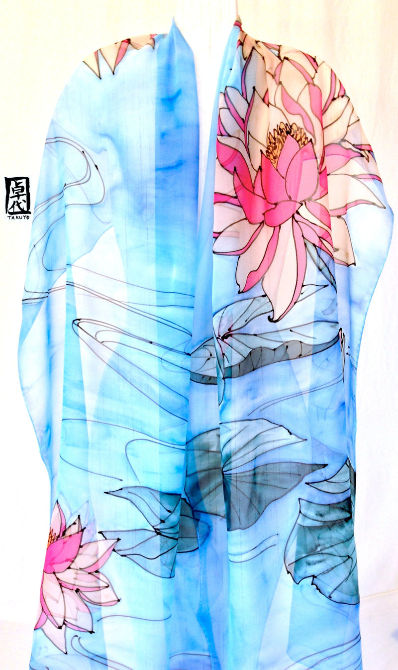 Hand Painted Silk Scarf, Japanese Tranquility Lotus Blue Silk Shawl, Ethereal Floral Silk Scarf., Blue Silk Scarf, 22x90 inches. - Silk Scarves Takuyo