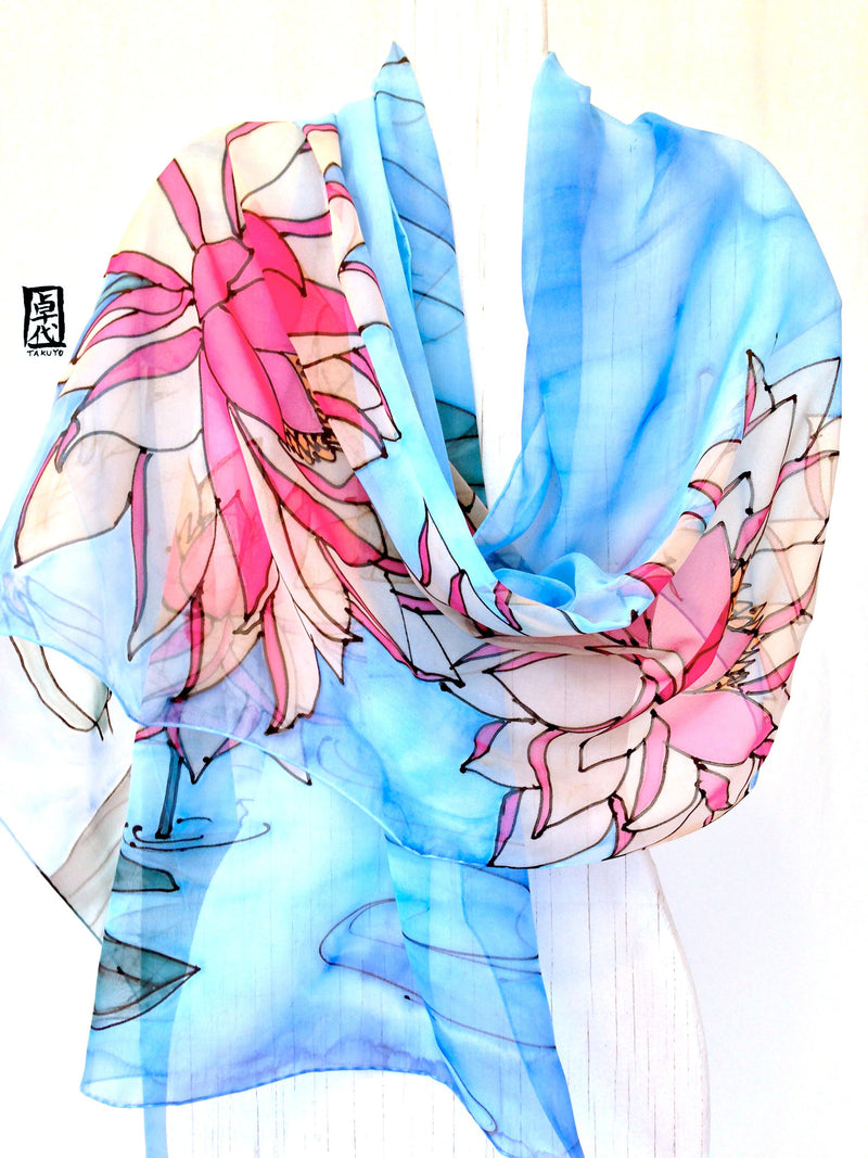 Hand Painted Silk Scarf, Japanese Tranquility Lotus Blue Silk Shawl, Ethereal Floral Silk Scarf., Blue Silk Scarf, 22x90 inches. - Silk Scarves Takuyo
