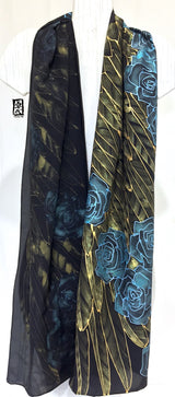 Hand Painted Silk Scarf, Black Silk painted scarf, Gold Wings Scarf with Blue Metallic Roses, Black Silk Scarf, Silk Scarves Takuyo, Silk Crepe, 14x72 inches. - Silk Scarves Takuyo