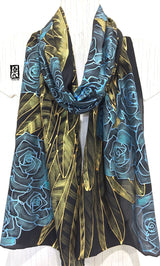 Hand Painted Silk Scarf, Black Silk painted scarf, Gold Wings Scarf with Blue Metallic Roses, Black Silk Scarf, Silk Scarves Takuyo, Silk Crepe, 14x72 inches. - Silk Scarves Takuyo