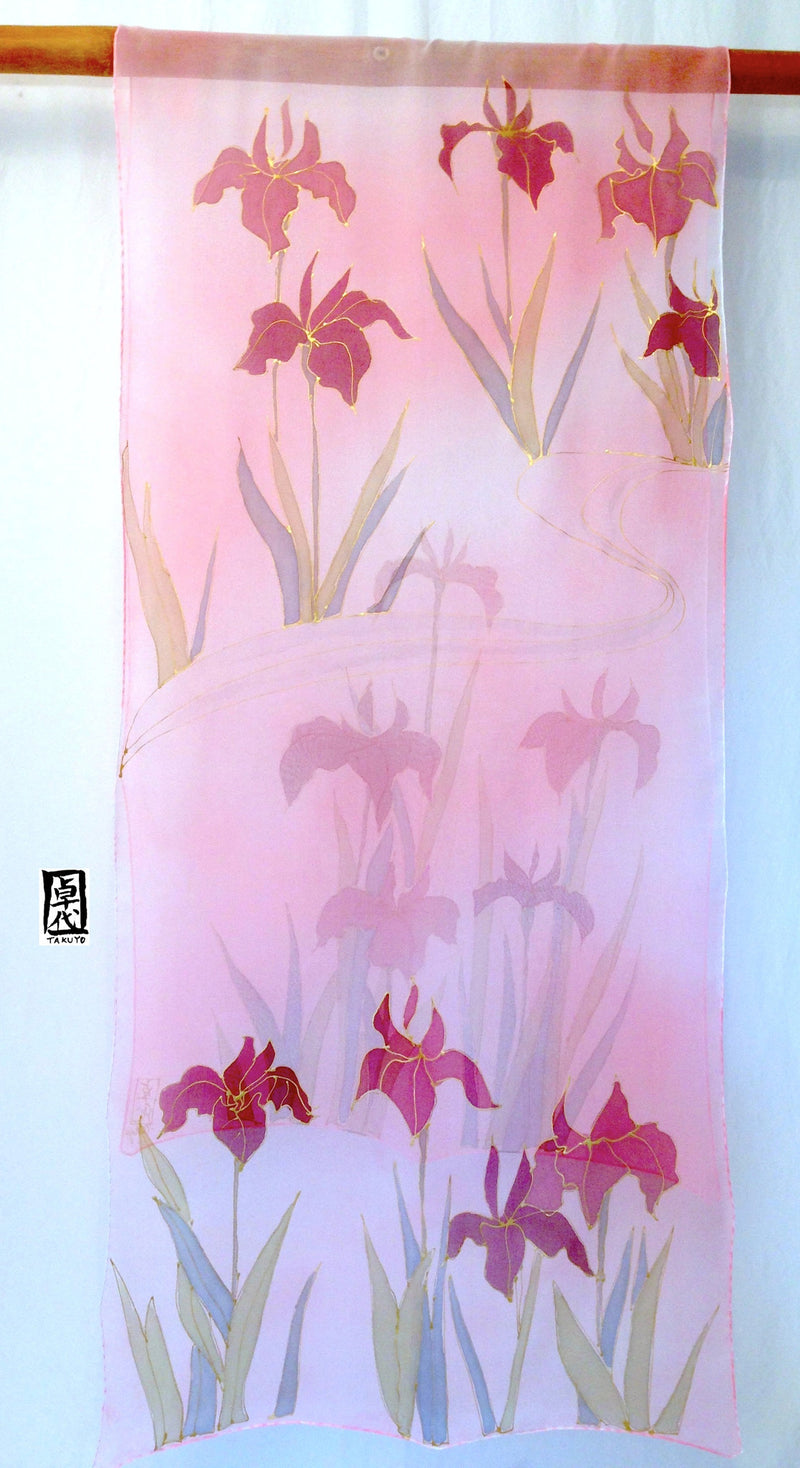 Hand Painted Silk Shawl Scarf, Kimono Silk Scarf, Pastel Pink and Purple Iris, 22x90 inches. - Silk Scarves Takuyo