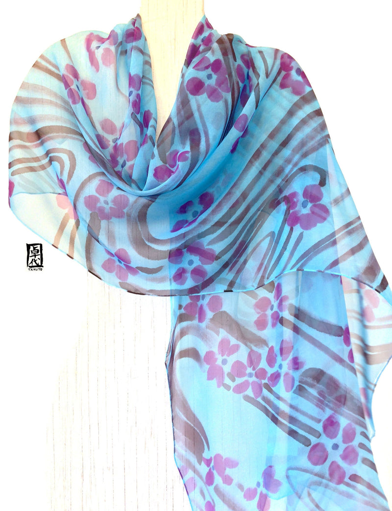 Hand Painted Silk Shawl Wrap, Blue Silk Shawl, Blue Silk Scarf, Chiffon Scarf, Blue and Pink Sakura Silk Chiffon Scarf, Ethereal Floral Silk Scarf, 22x90 inches. - Silk Scarves Takuyo