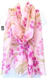 Hand Painted Silk Shawl, Pink Chiffon Wrap, Pink Sakura, Ethereal Floral Silk Scarf, 22x90 inches. 55x228 cm. - Silk Scarves Takuyo