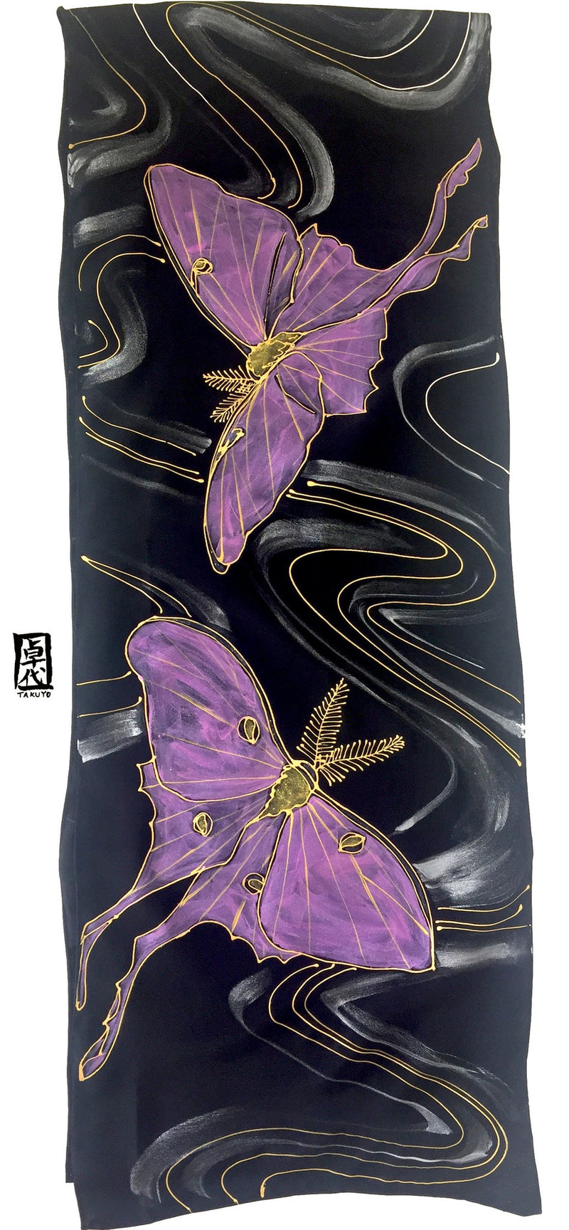 Hand Painted Silk Scarf, Silver Moon and Pink Luna Moth Scarf, Black Silk Scarf, Large Silk Scarf, Silk Scarves Takuyo, 14x72 inches. - Silk Scarves Takuyo