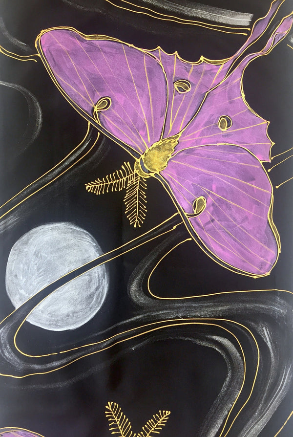 Hand Painted Silk Scarf, Silver Moon and Pink Luna Moth Scarf, Black Silk Scarf, Large Silk Scarf, Silk Scarves Takuyo, 14x72 inches. - Silk Scarves Takuyo