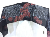 Hand Painted Silk Scarf, Blue silver Wings Scarf, Red Roses Scarf, Black Large Silk Scarf, Silk Scarves Takuyo, 14x72 inches. - Silk Scarves Takuyo