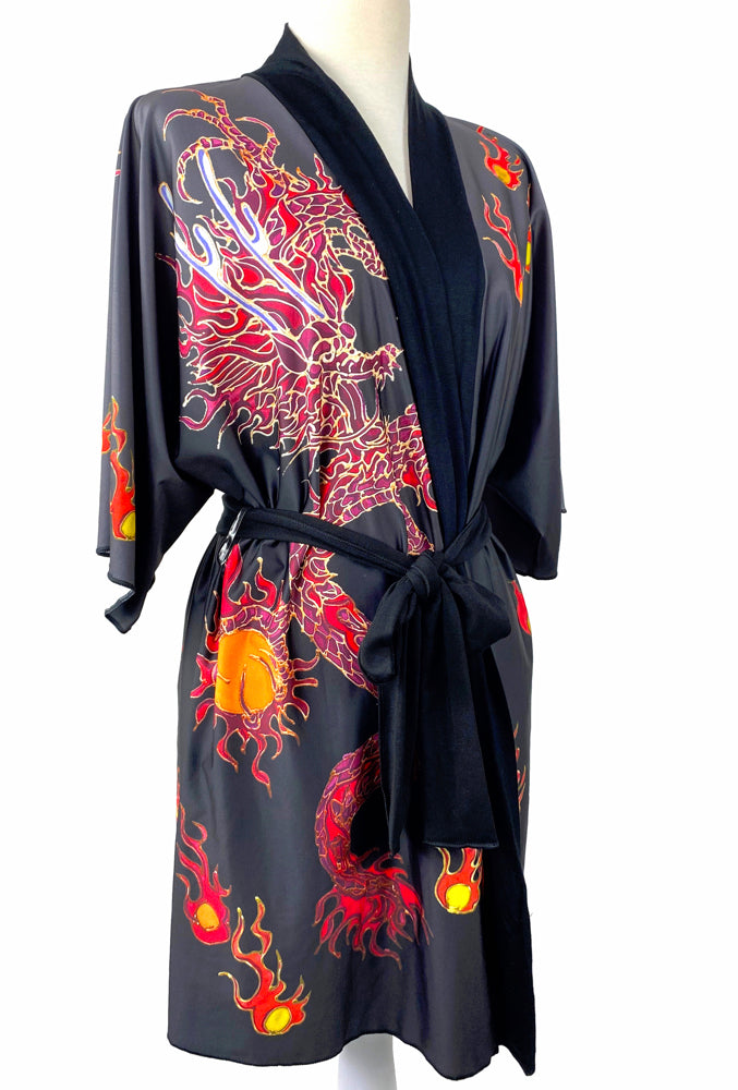 Japanese Kimono Robe Short, Red Dragon Raising