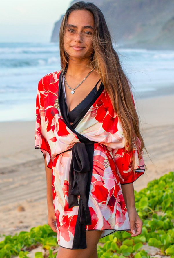 red floral kimono dress Red Poem & Flowers Japanese Kimono Robe