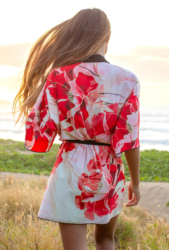 Japanese Kimono Robe, Passion Red Peony