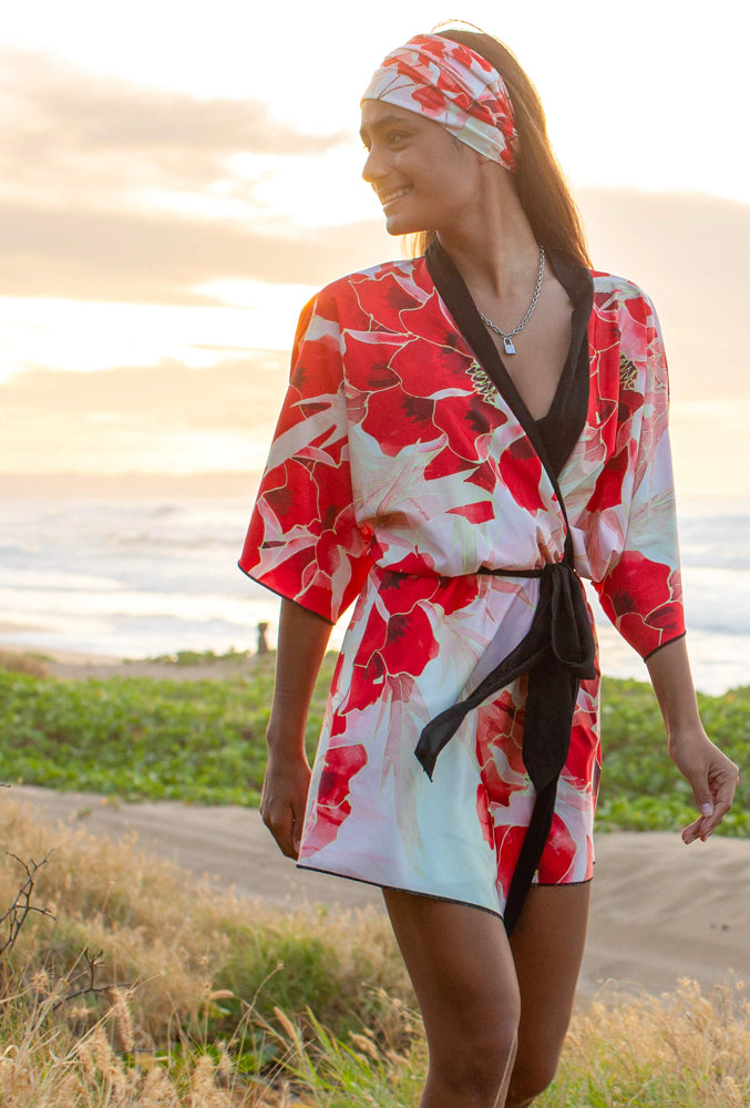 Japanese Kimono Robe, Passion Red Peony