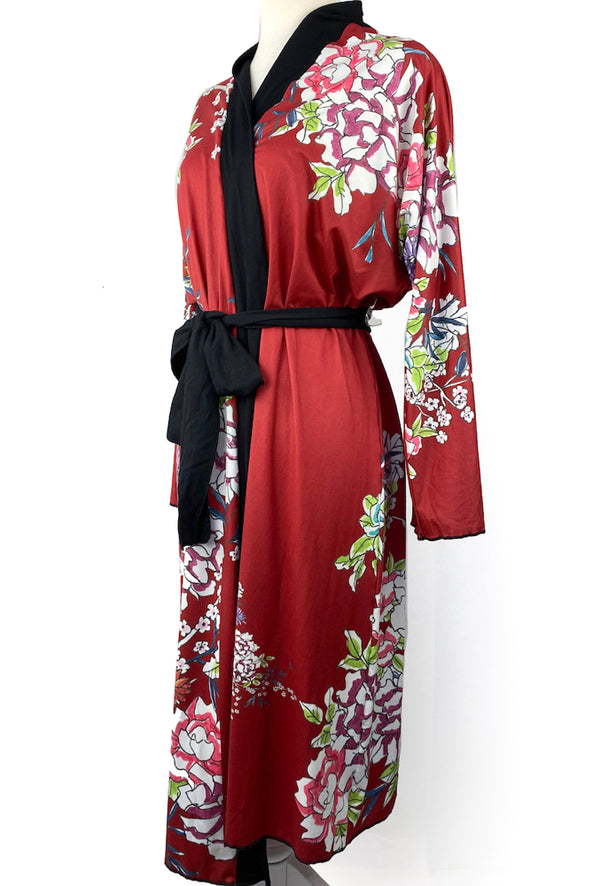 Japanese Red Floral Long Kimono Robe Large / X-Large / Poly Chiffon / Cream
