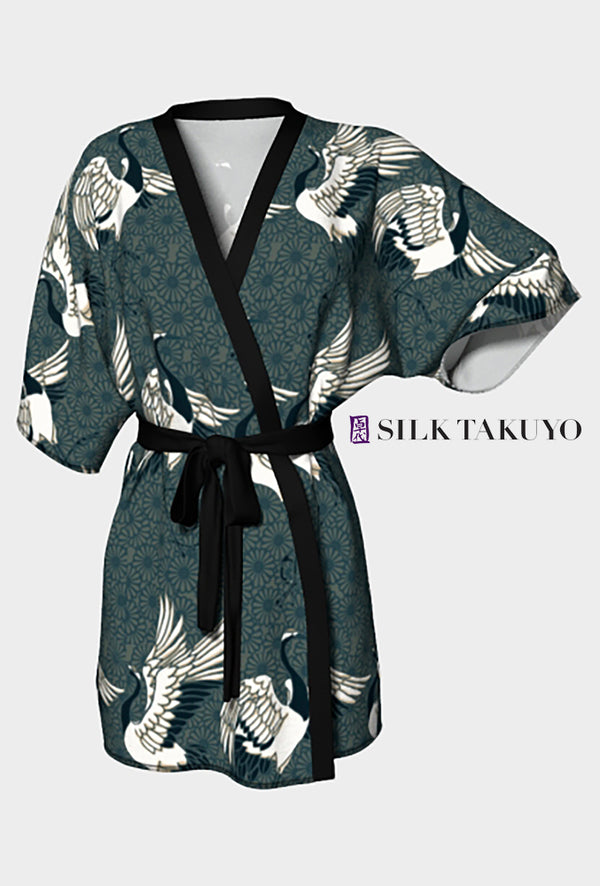 Japanese Crane Kimono Robe Short, Green Gray