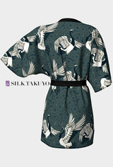 Japanese Crane Kimono Robe Short, Green Gray