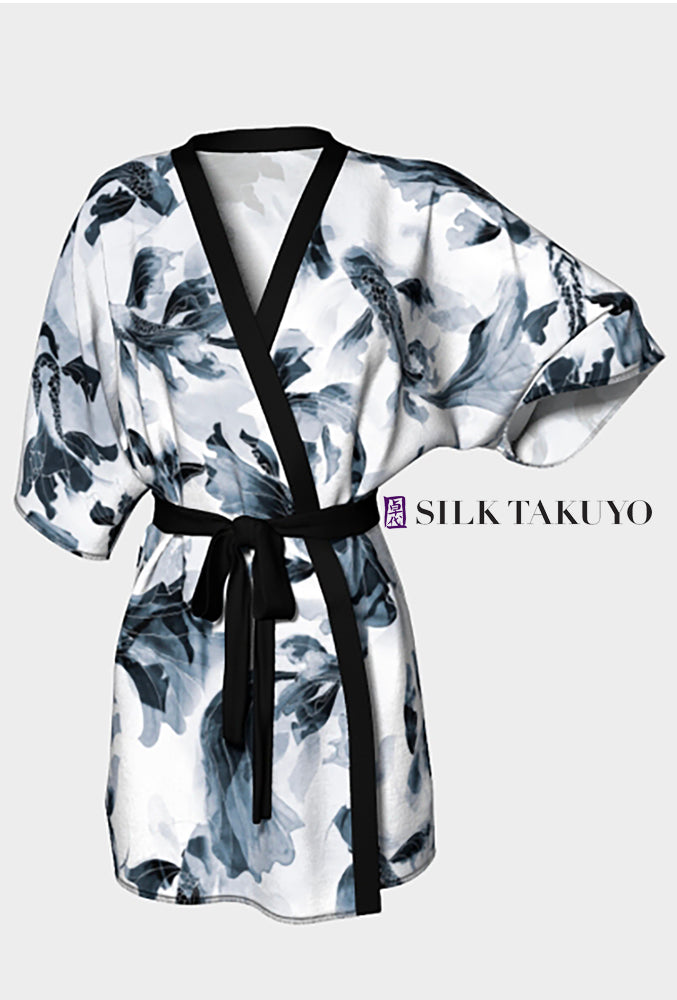 Japanese Kimono Robe, Black and White Koi Silk Takuyo