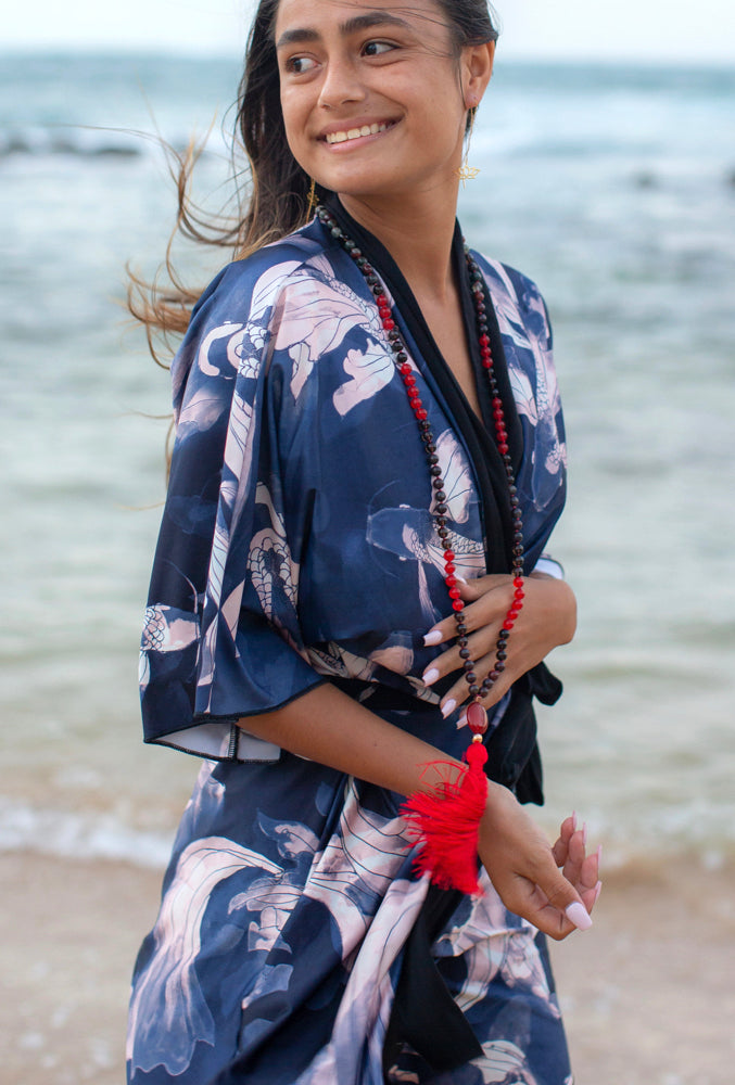 Kimono Robe, Dark Blue Black Vintage Koi