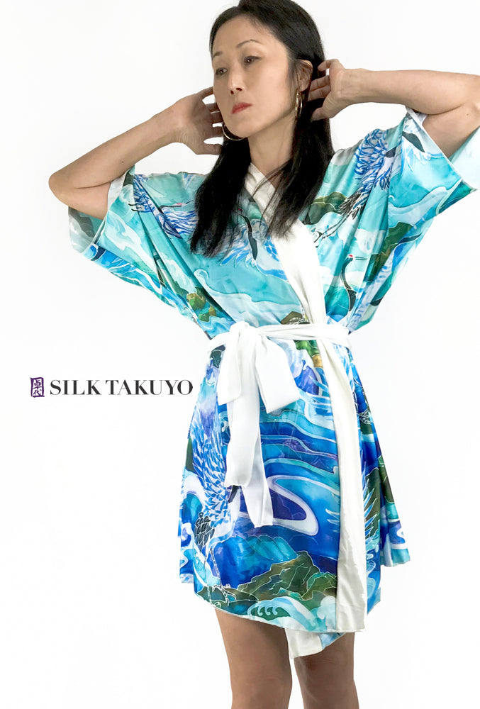 Kimono Robe Blue Ocean Crane