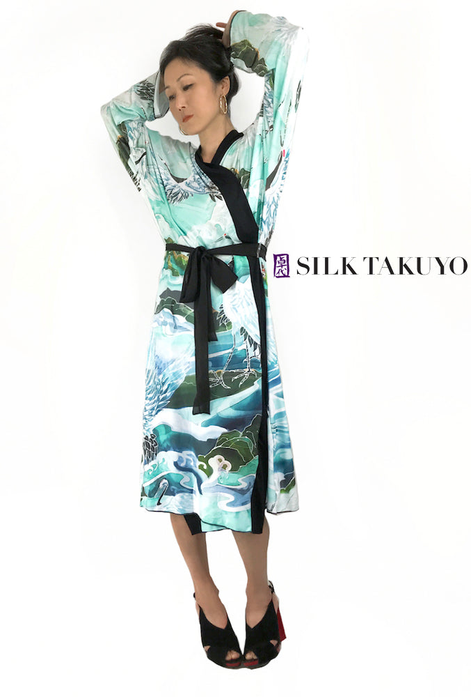 Kimono Robe Long, Blue Crane Winter Ocean Small / Medium / Peachskin Jersey / Cream Kimono Robe Long, Blue Crane Winter Ocean Small / Medium / Peachskin Jersey / Cream