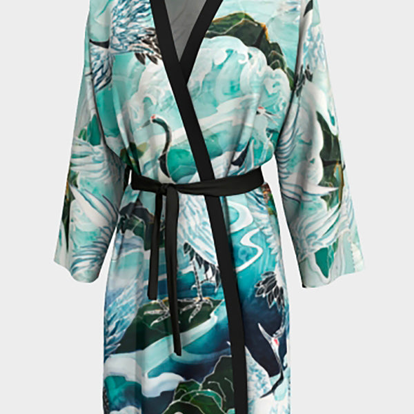 Kimono Robe Long, Blue Crane Winter Ocean Large / X-Large / Peachskin Jersey / Black Kimono Robe Long, Blue Crane Winter Ocean Large / X-Large / Peachskin Jersey / Black