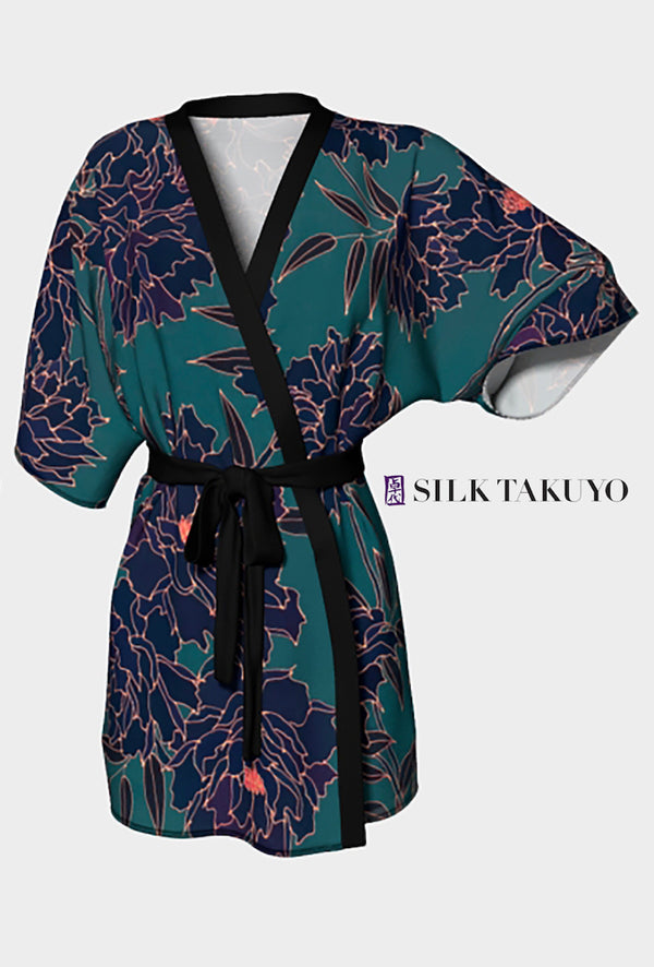 Kimono Robe Short Navy, Peacock Green Coral Peony