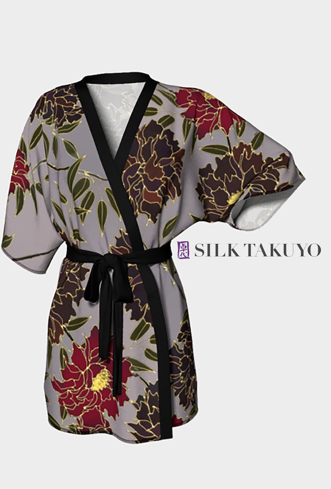 Kimono Robe Short, light gray, red and brown Peony – Silk Takuyo