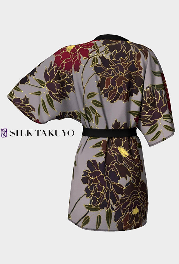 Kimono Robe Short Light Gray Red And Brown Peony Silk Takuyo kimono-robe-short-light-gray-red-and-brown-peony-silk-takuyo