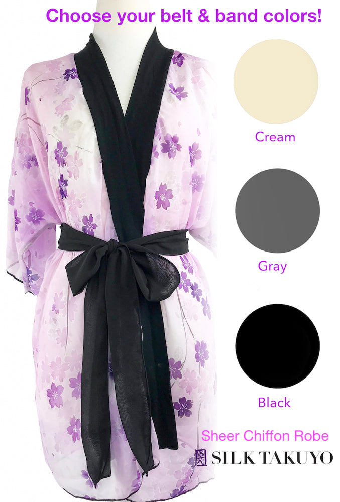 Kimono Robe Short, light gray, red and brown Peony