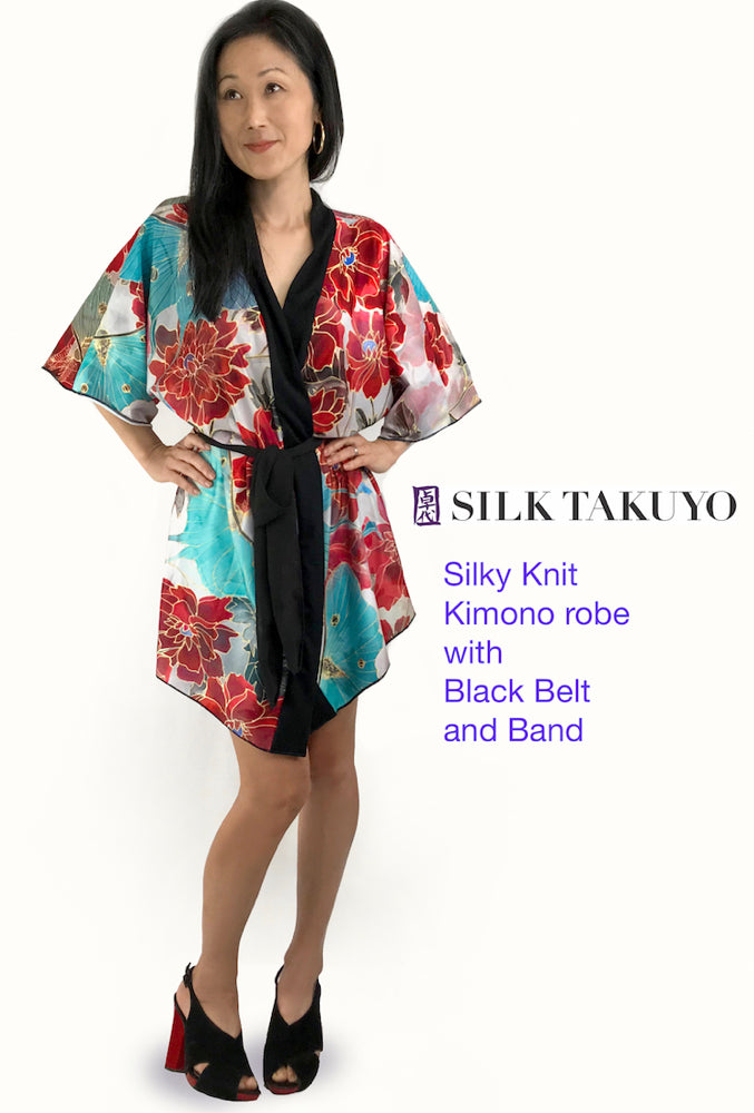 Kimono Robe Short, light gray, red and brown Peony – Silk Takuyo