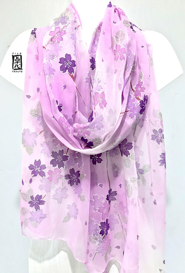 Kimono Silk Chiffon Shawl, Purple Spring Cherry Blossom
