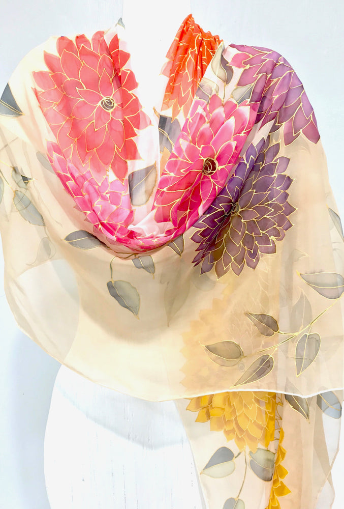 Kimono Silk Shawl, Rainbow Dahlia in Beige