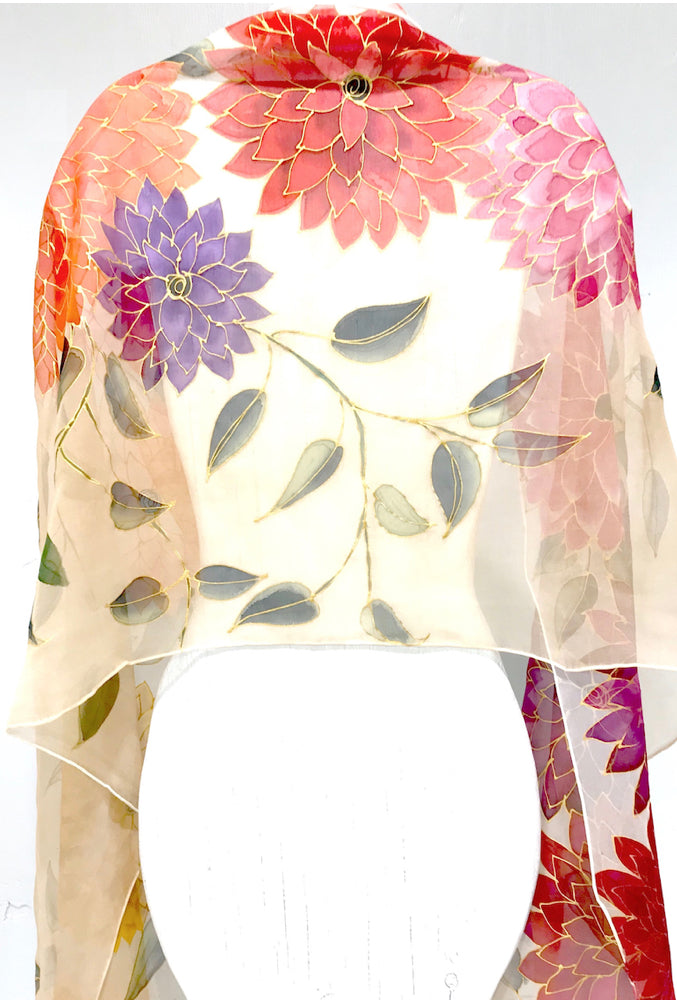 Kimono Silk Shawl, Rainbow Dahlia in Beige