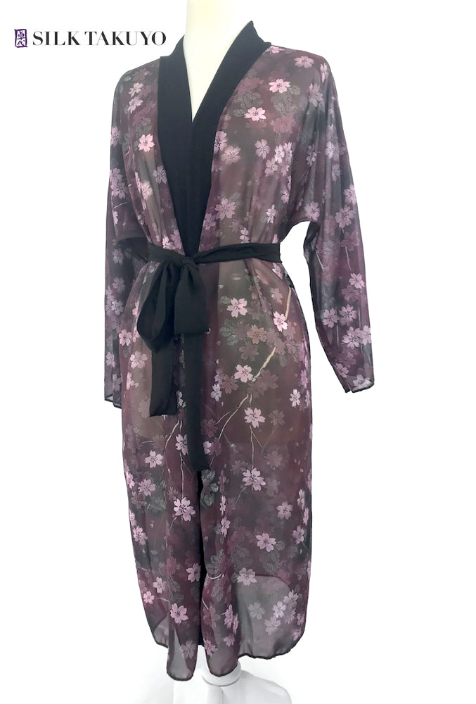 Long Kimono Robe, Maroon Night Cherry Blossom – Silk Takuyo