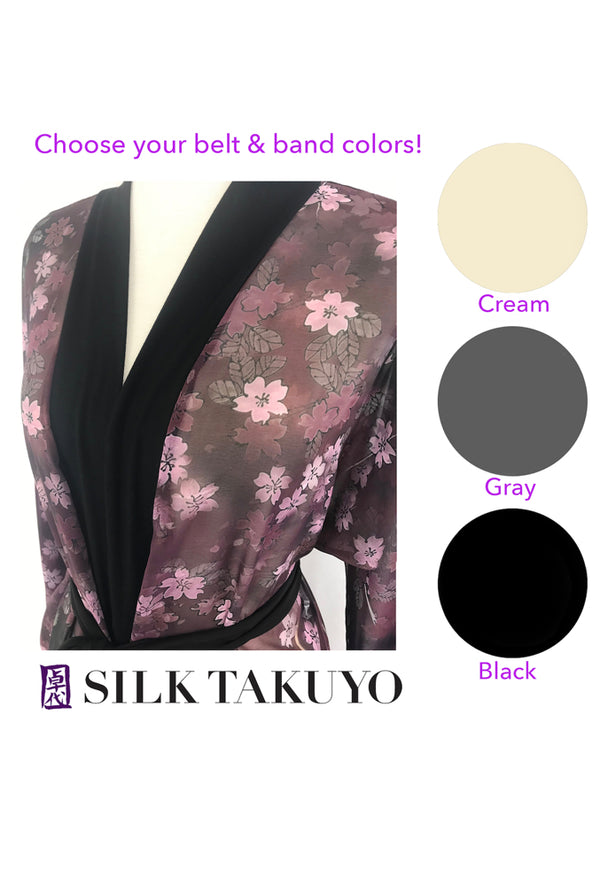 Long Kimono Robe, Maroon Night Cherry Blossom