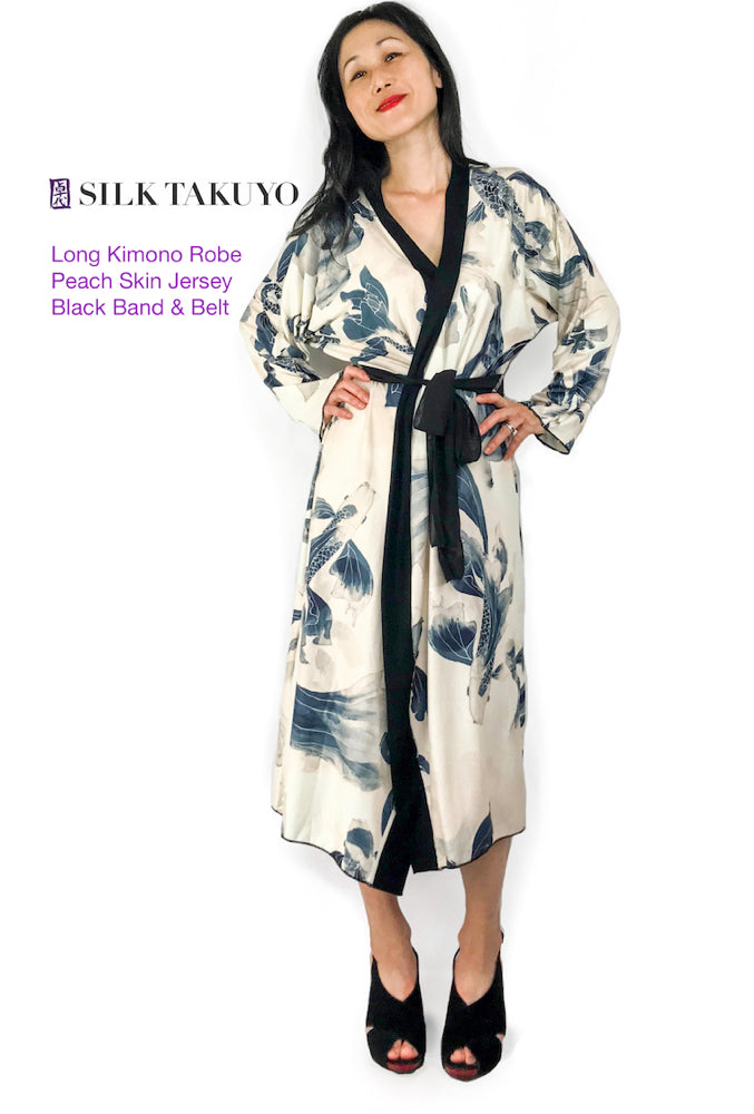 Long Kimono Robe Peignoir, Midnight Blue Koi Fish