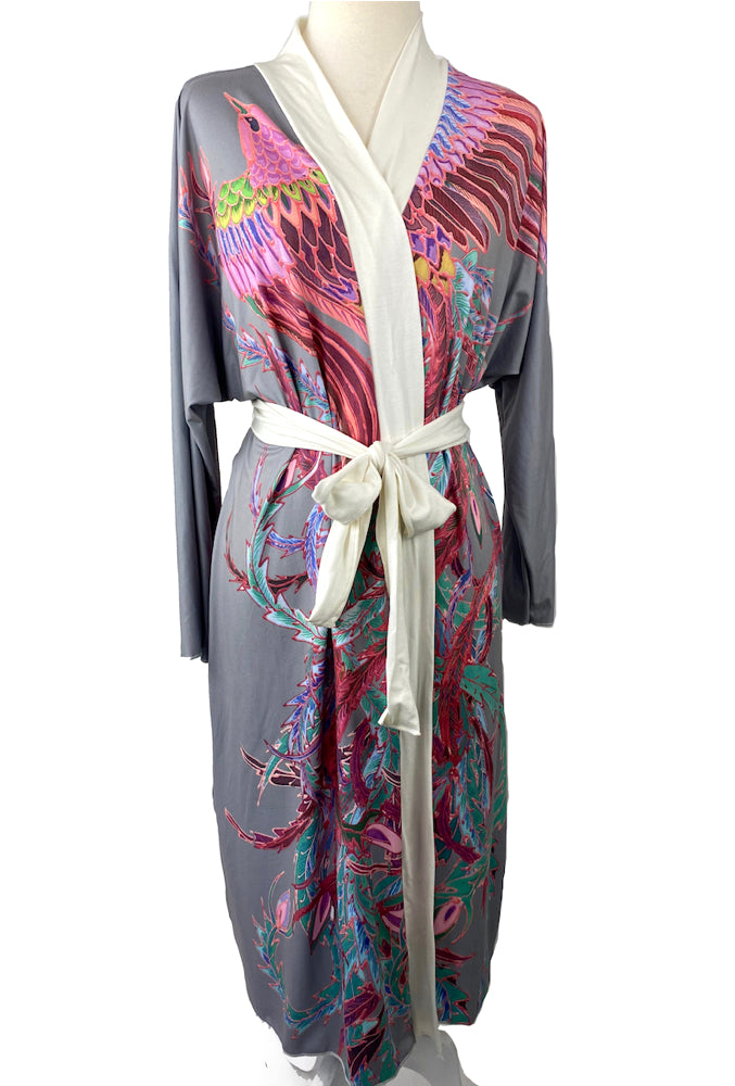 Phoenix long kimono robe, gray and pink – Silk Takuyo