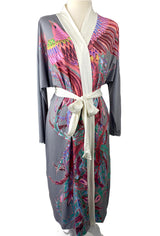 Phoenix long kimono robe, gray and pink
