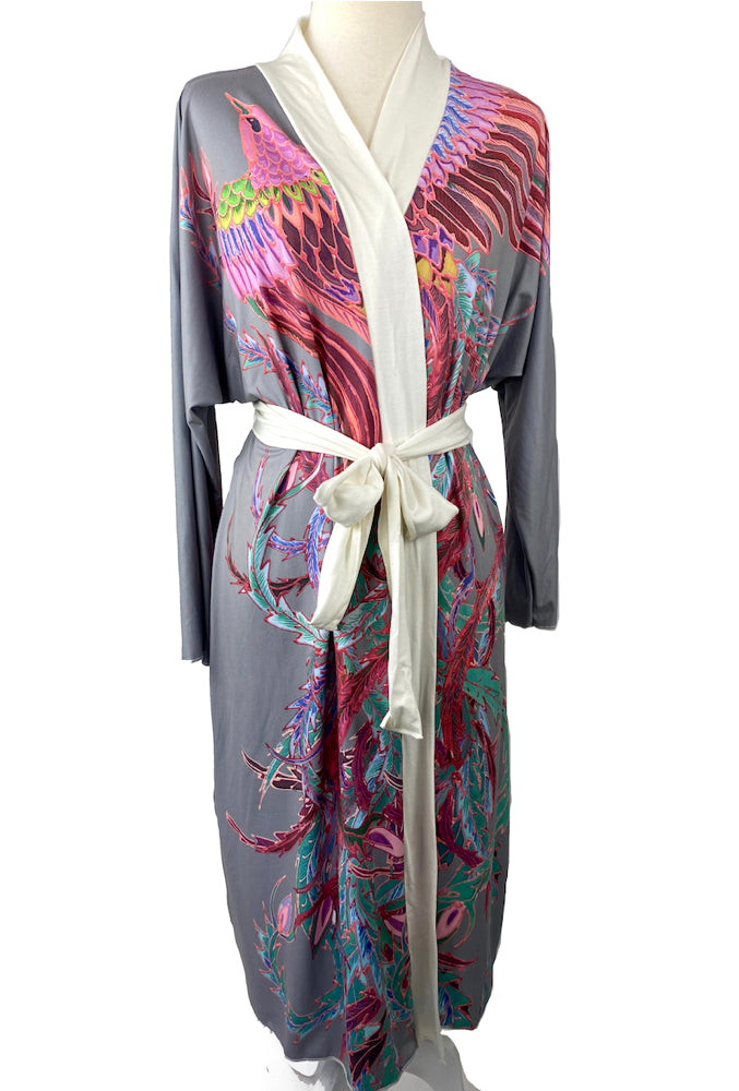 Phoenix long kimono robe, gray and pink