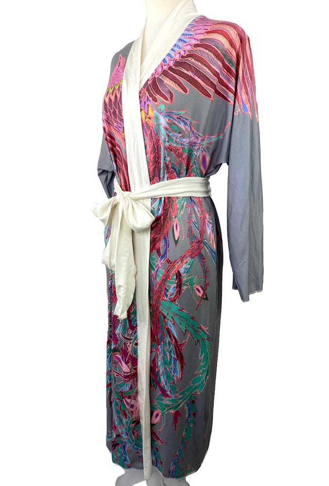 Phoenix Textile Robe Phoenix long kimono robe, gray and pink – Silk Takuyo