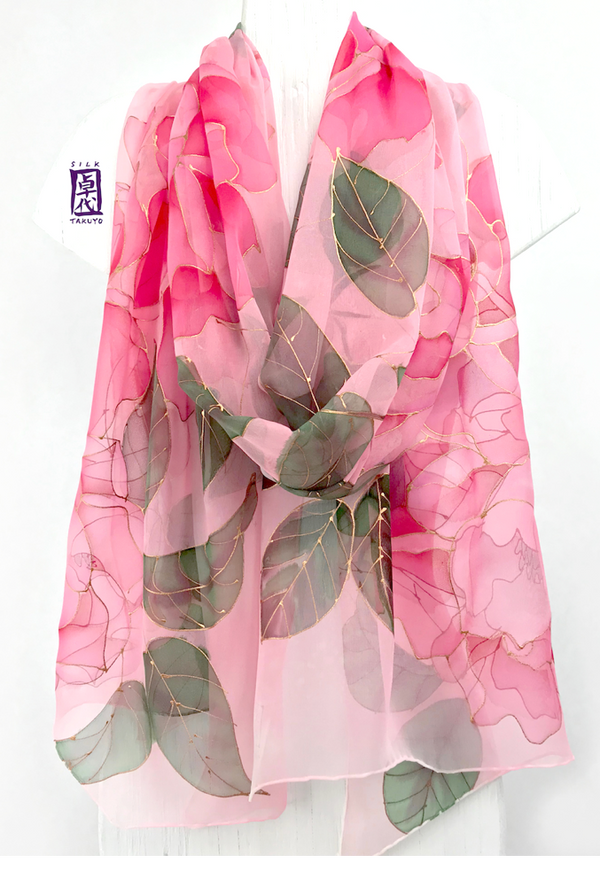 Pink Chiffon Shawl, Peony Flowers