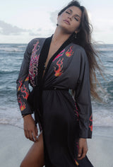A model at beach, wearing the Red Dragon Raising Japanese Long Kimono Robe